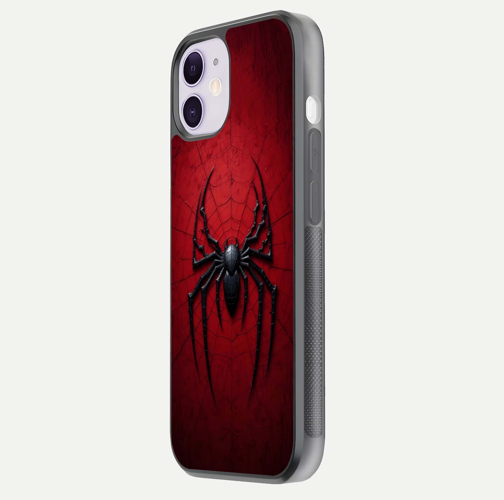 Venom Web Emblem Glass Case for iPhone 11 side-angle image showing reflection and dark color tones