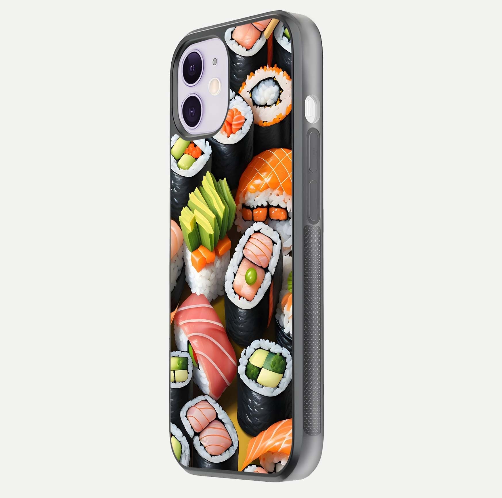 Sushi Food Pattern Glass Case for iPhone 11 side-angle image showing shine, gloss, and sushi artwork