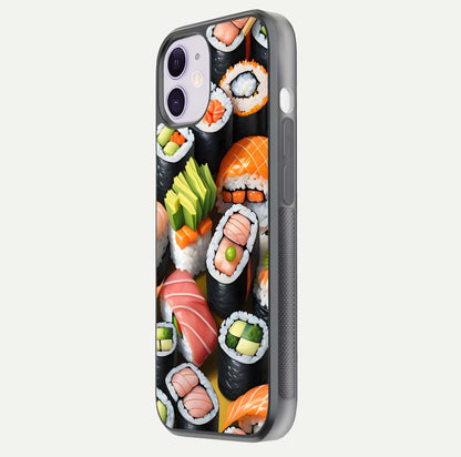 Sushi Food Pattern Glass Case for iPhone 11 side-angle image showing shine, gloss, and sushi artwork