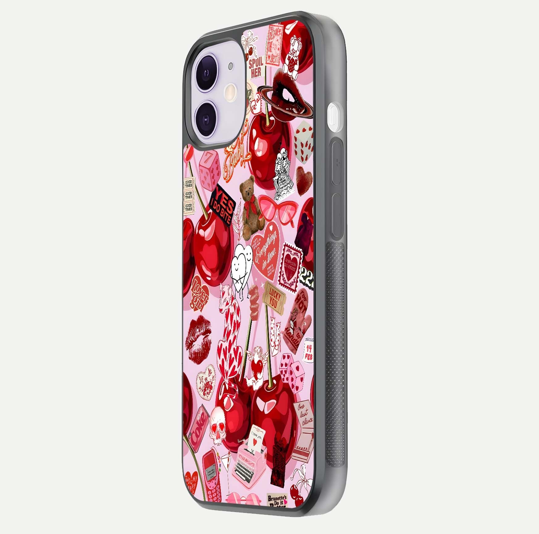 Sweet Cherry Chaos Glass Case for iPhone 11 side-angle image showing shine, gloss, and cherry details