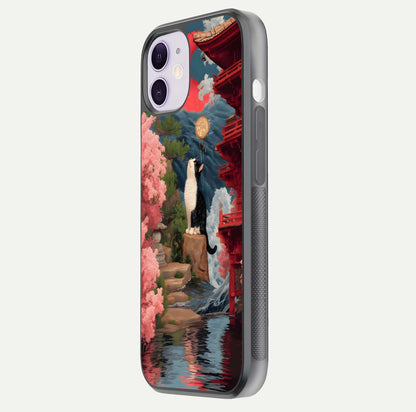 Temple Cat Scenery Glass Case for iPhone 11 side-angle image showing shine and printed temple pattern