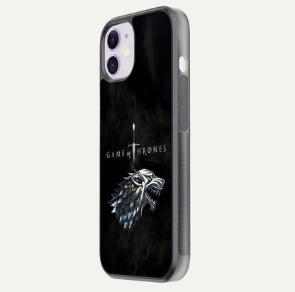 Throne Wolf Legacy Glass Case for iPhone 11 side-angle image showing gloss, texture, and HD print