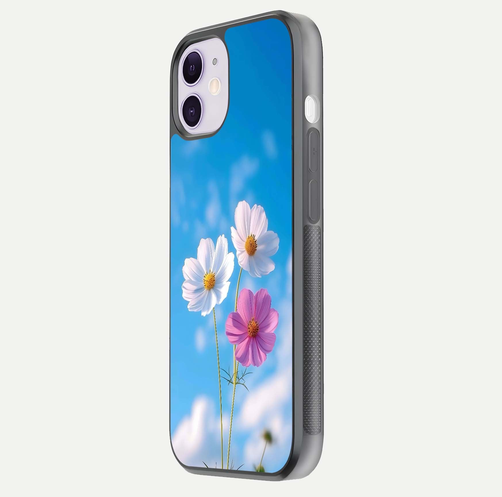 Triple Flowers With Sky Glass Case for iPhone 11 side-angle image showing gloss, texture, and floral design