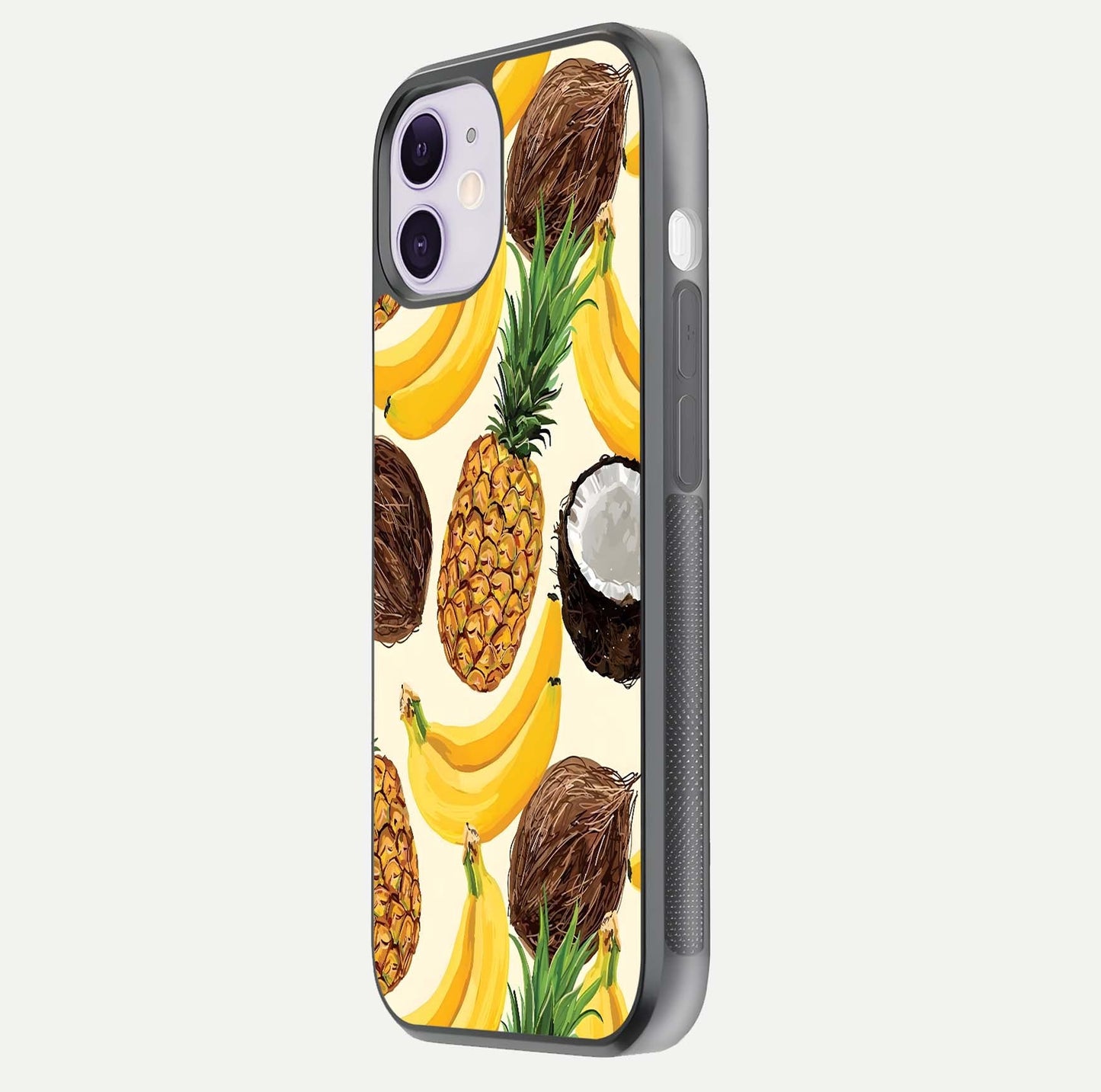 Tropical Fruit Mood Glass Case for iPhone 11 side-angle image showing reflection, gloss, and fruit details