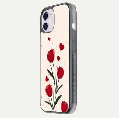 Tulip With Heart Glass Case for iPhone 11 side-angle image showing floral reflection and subtle gradient