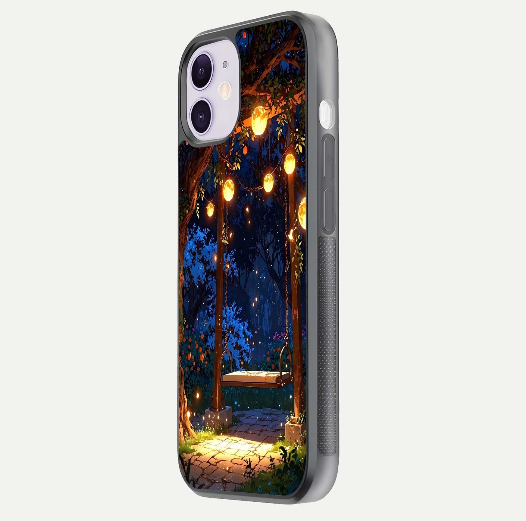 Twilight Garden Swing Glass Case for iPhone 11 side-angle image showing reflection, gloss, and scenic depth