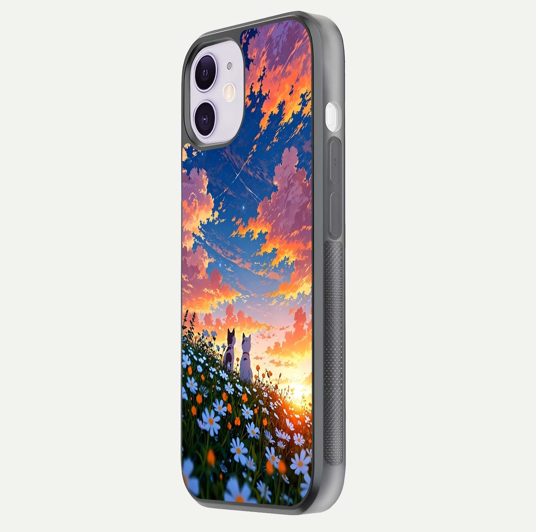 Two Cats Friends Glass Case for iPhone 11 side-angle image showing reflection, gloss, and color depth