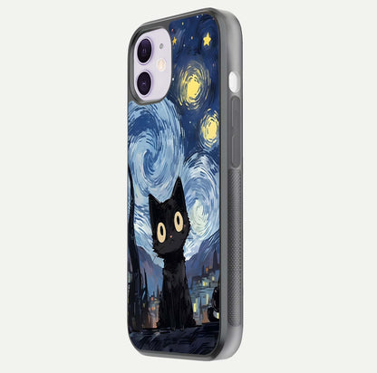Van Gogh Cat Glass Case for iPhone 11 side-angle image showing light reflection and vivid artwork