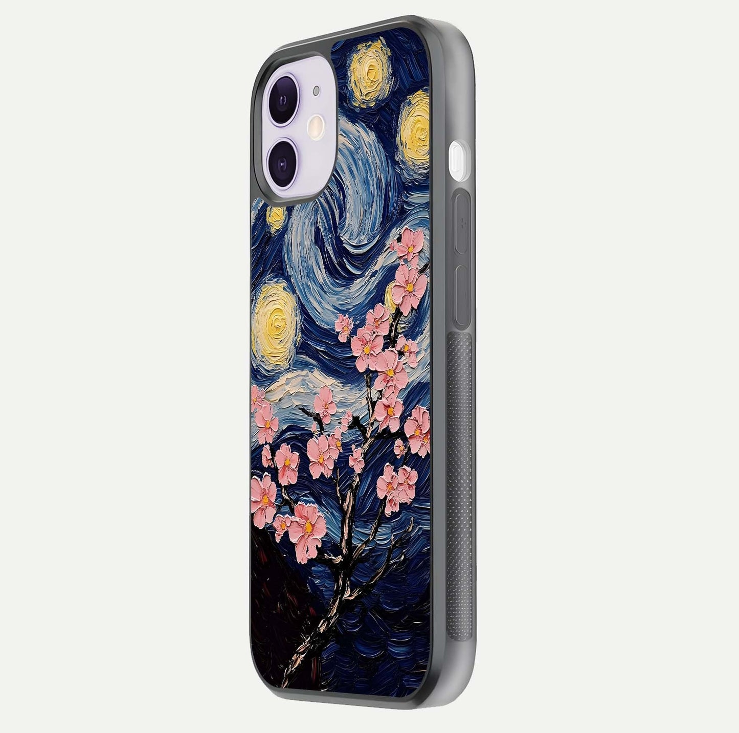 Van Gogh Scenery Glass Case for iPhone 11 side-angle image showing shine, gloss, and scenic color palette