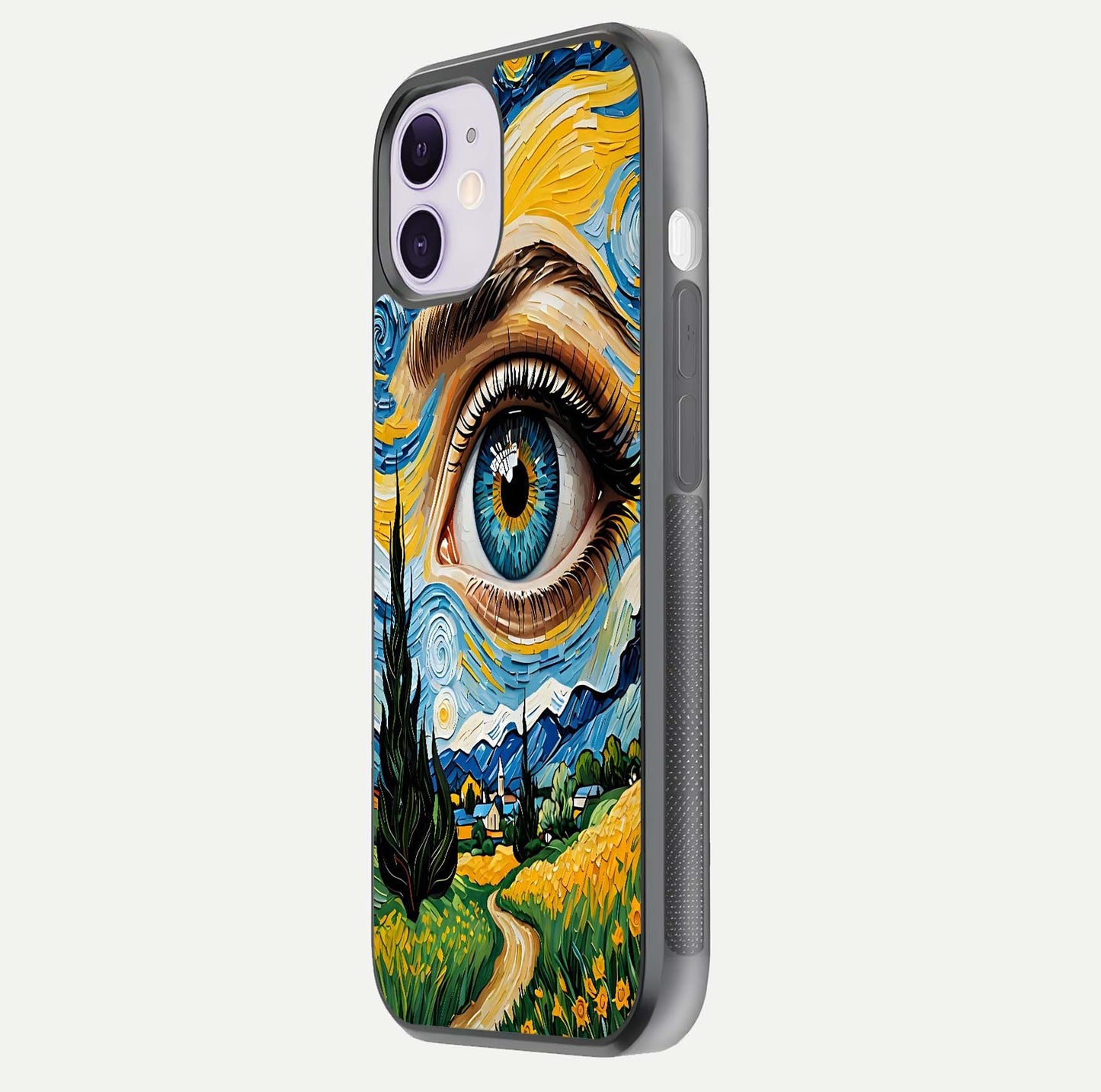 Van Gogh Eye Glass Case for iPhone 16 Pro side-angle image showing reflection, gloss, and artistic contrast