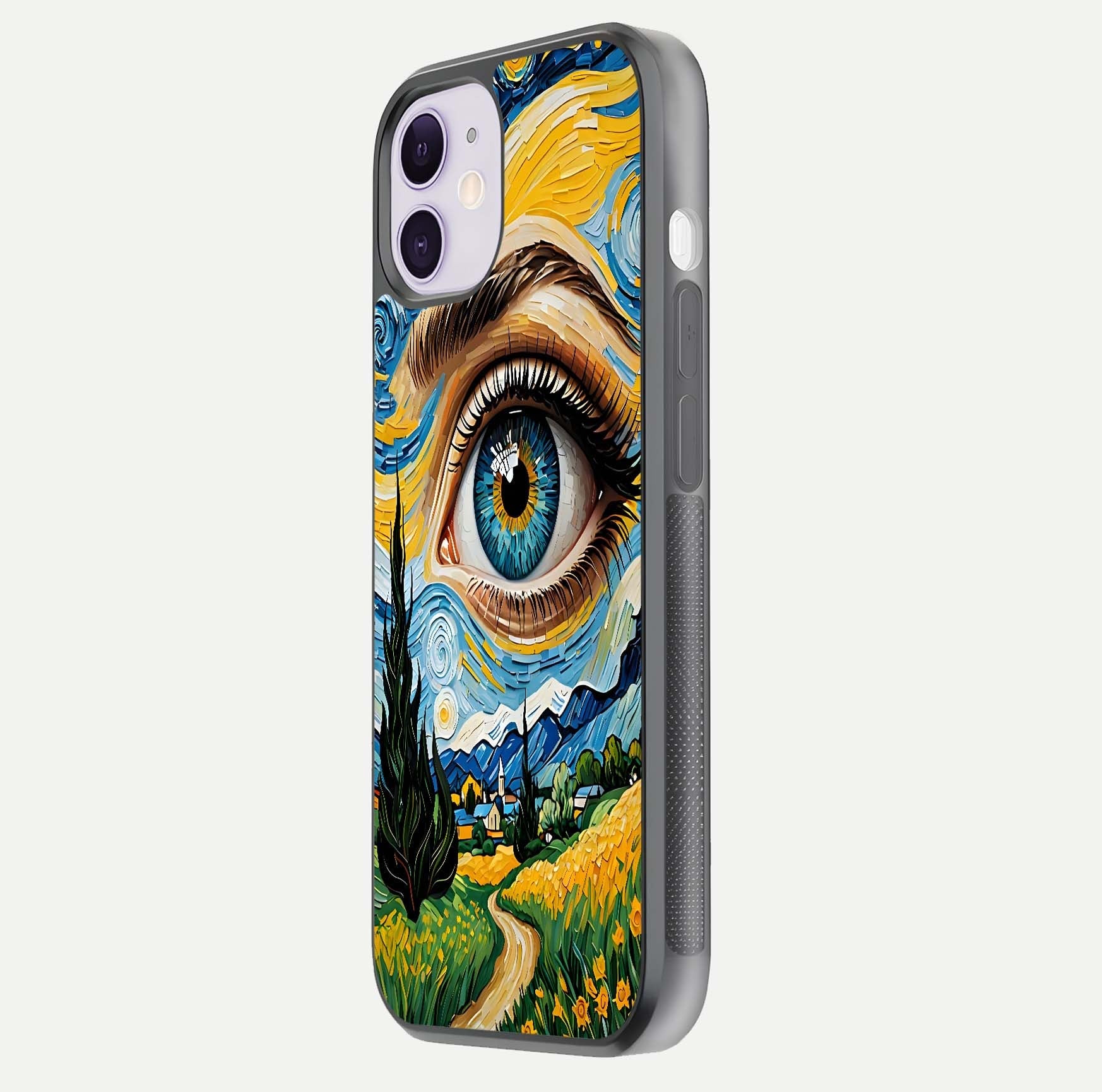 Van Gogh Eye Glass Case for iPhone 16 Pro side-angle image showing reflection, gloss, and artistic contrast