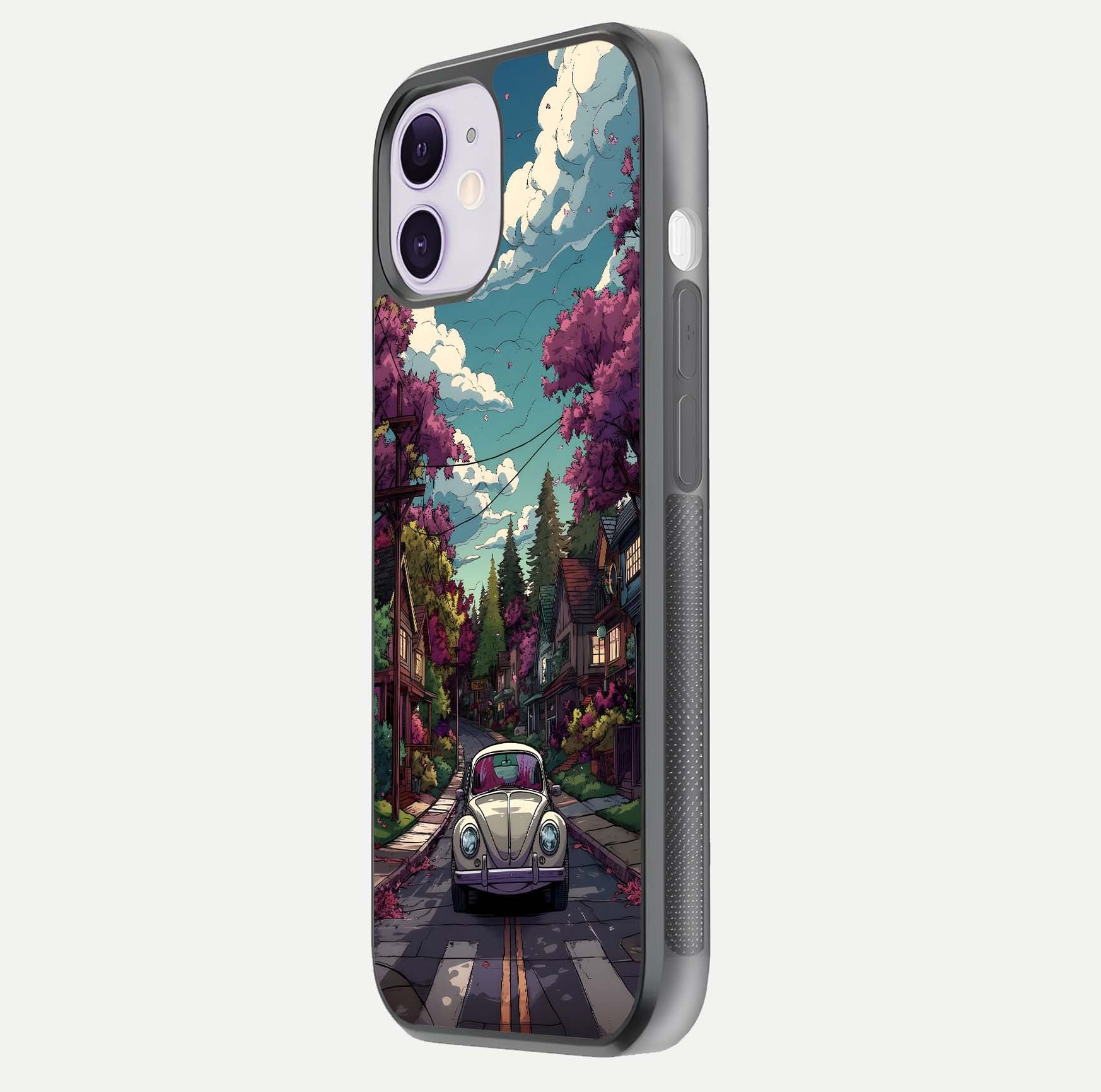 Vintage Street Drive Glass Case for iPhone 11 side-angle image showing gloss reflection and design detail