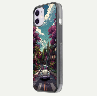 Vintage Street Drive Glass Case for iPhone 11 side-angle image showing gloss reflection and design detail
