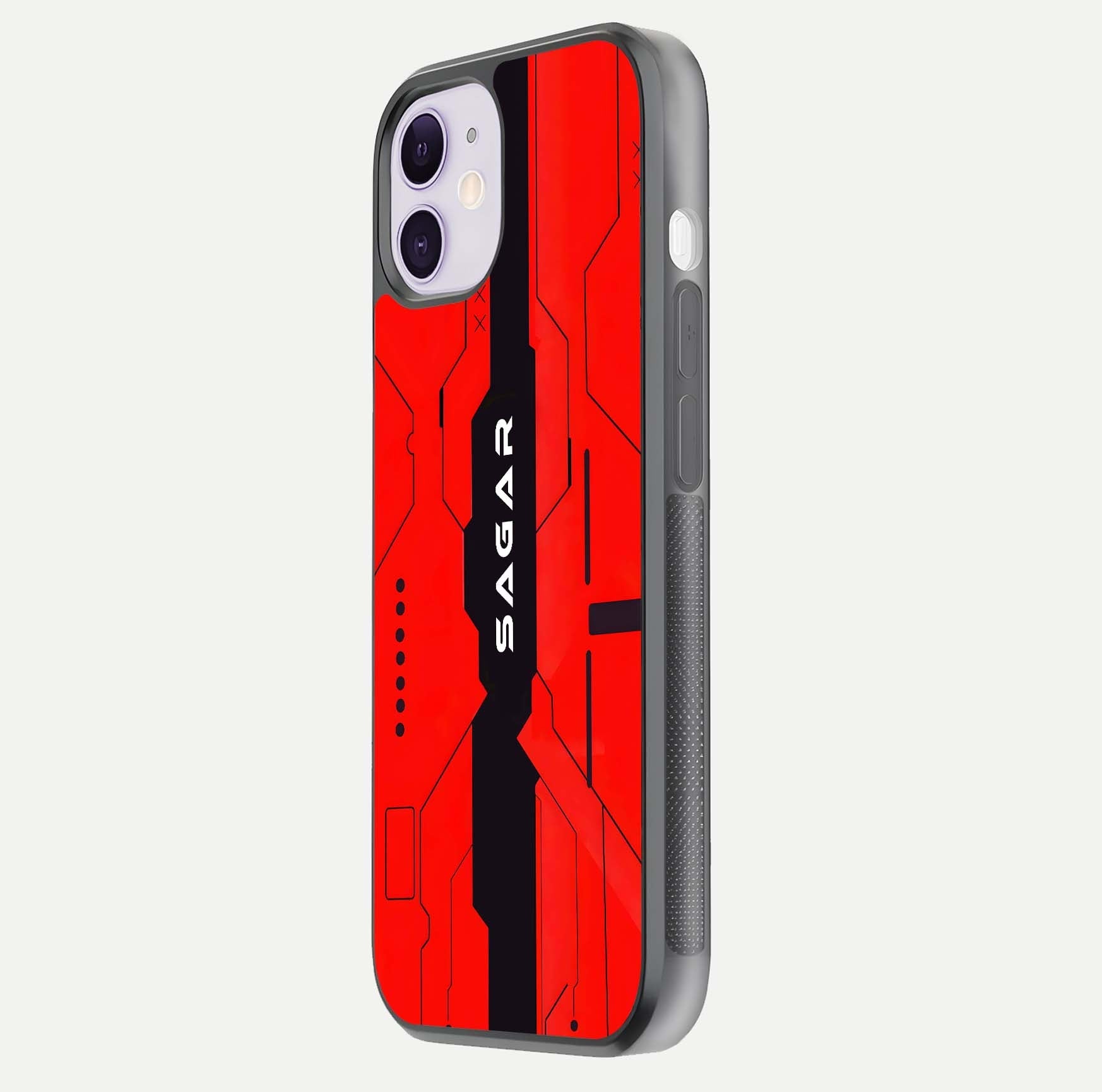 Voltage Rise CYBERPUNK Custom Name Glass Case for iPhone 11 side-angle image showing gloss and cyberpunk detail