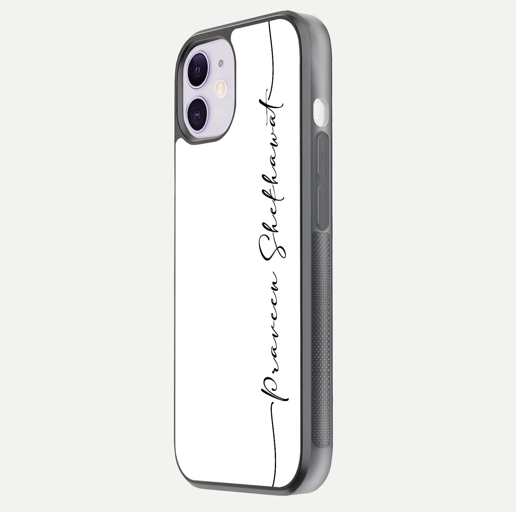 White Tune Custom Name Glass Case for iPhone 11 side-angle image showing shine, gloss, and minimal tone