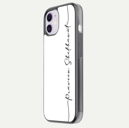 White Tune Custom Name Glass Case for iPhone 11 side-angle image showing shine, gloss, and minimal tone