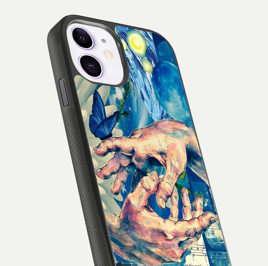 Aesthetic Divider Glass Case for iPhone 11 close-up angled shot showing detailed divider artwork and gloss reflection