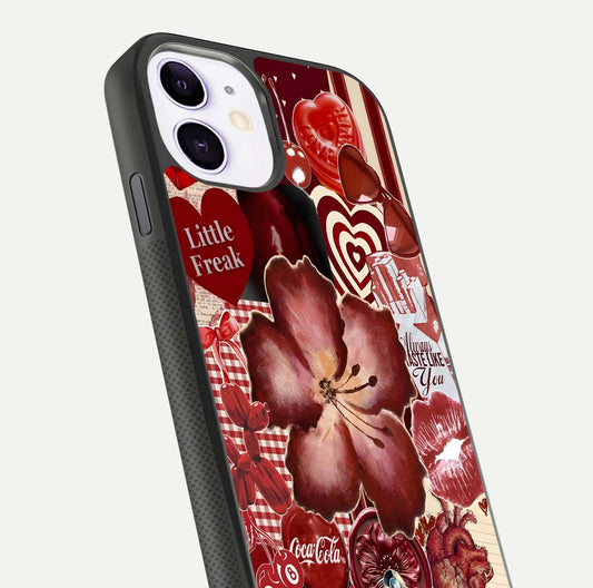 Aesthetic Little Freak Glass Case for iPhone 11 close-up angled shot showing detailed artwork, bold design, and gloss reflection