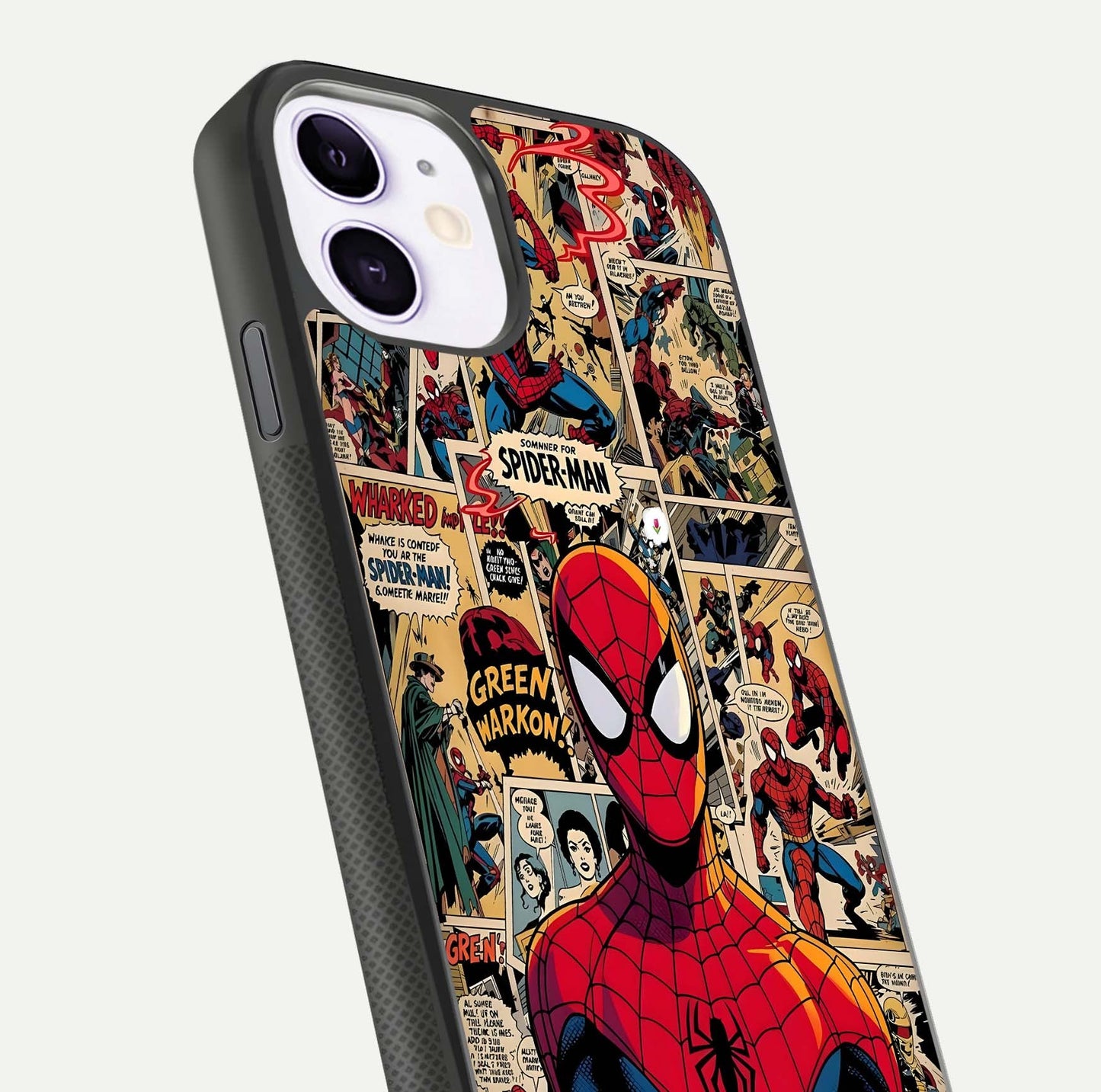 Aesthetic Spider Man Glass Case for iPhone 16 Pro close-up angled shot showing detailed Spider-Man artwork and gloss reflection