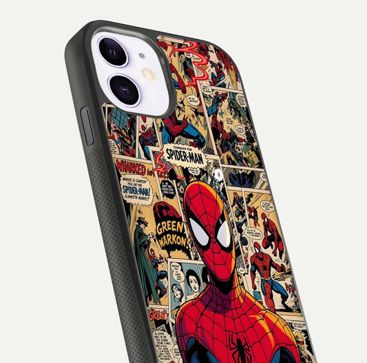 Aesthetic Spider Man Glass Case for iPhone 11 close-up angled shot showing detailed Spider-Man artwork and gloss reflection