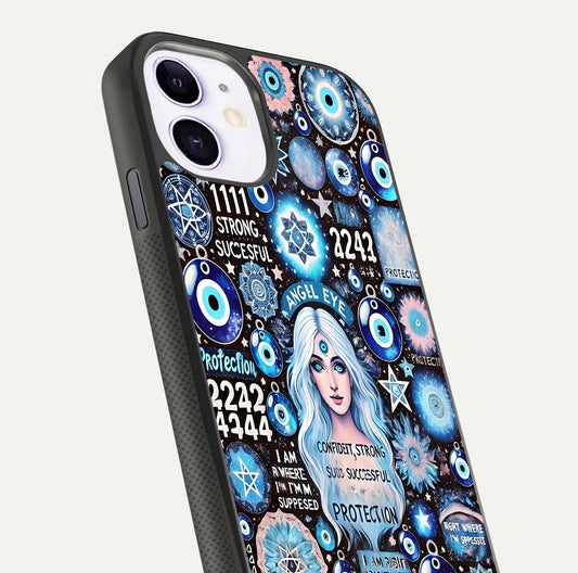 Angel Aura Shield Glass Case for iPhone 11 close-up view capturing aura glow, metallic tones, and shine texture