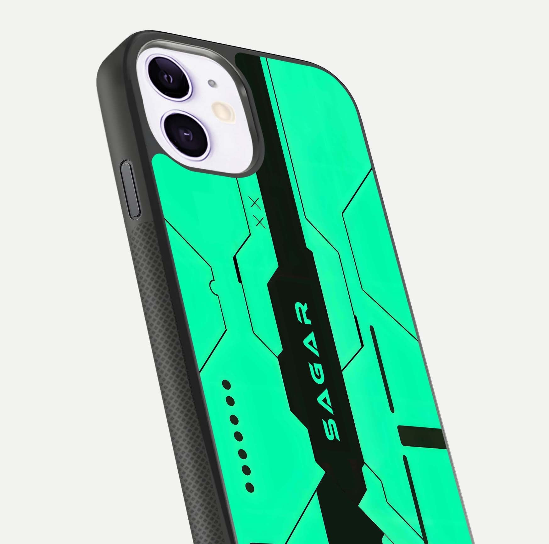 Aqua Tech CYBERPUNK Custom Name Glass Case for iPhone 11 close-up angle showing futuristic blue lights and reflections