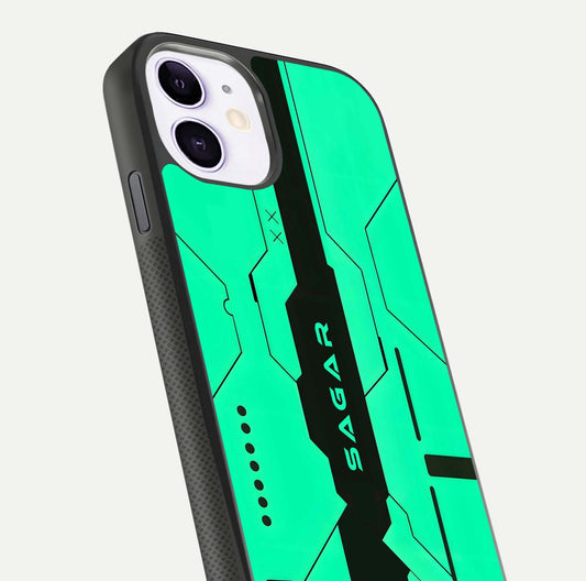 Aqua Tech CYBERPUNK Custom Name Glass Case for iPhone 11 close-up angle showing futuristic blue lights and reflections
