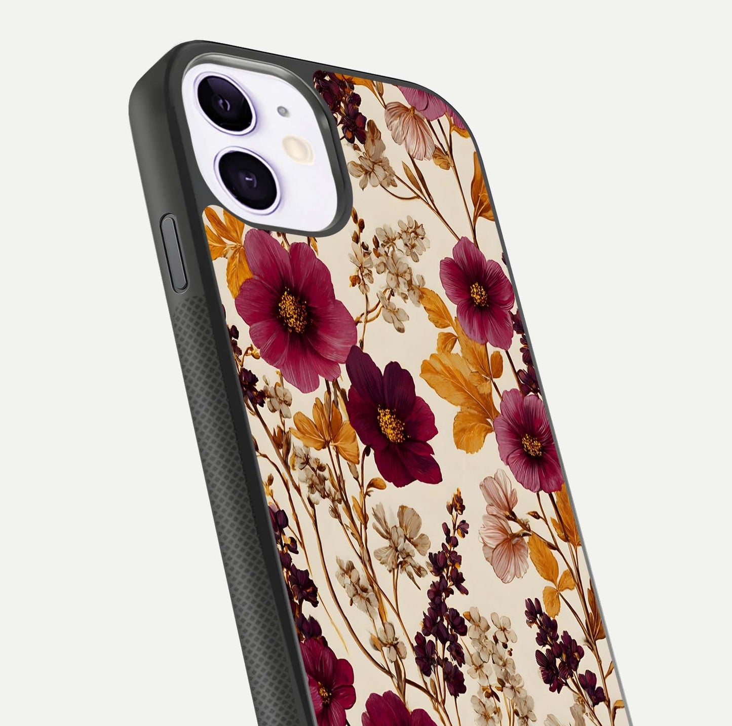 Autumn Wine Bloom Glass Case for iPhone 11 close-up highlighting petal detail and gloss reflection