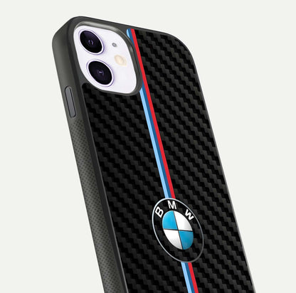 BMW Pattern Glass Case for iPhone 11 close-up angle showing BMW logo detailing and high-reflect gloss texture