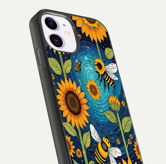 Bees & Sunflowers Glass Case for iPhone 11 close-up angled shot showing detailed petals, bee prints, and glass reflection