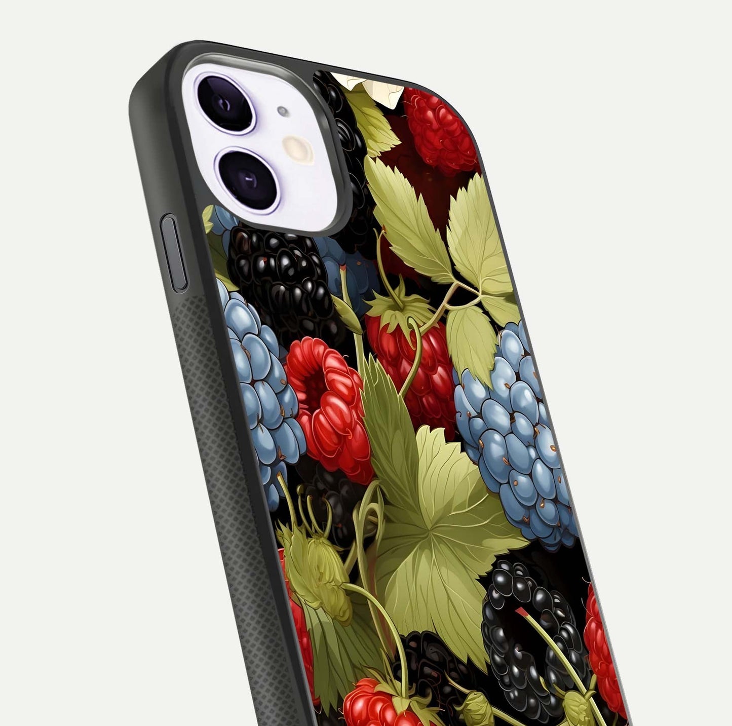 Berry Bloom Charm Glass Case for iPhone 11 close-up view highlighting berry color tones and fine petal detailing