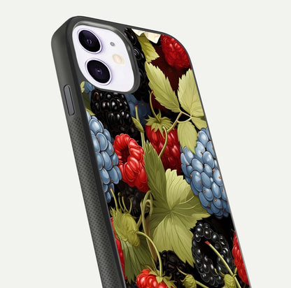 Berry Bloom Charm Glass Case for iPhone 11 close-up view highlighting berry color tones and fine petal detailing