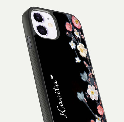 Black Elegance Floral Custom Name Glass Case for iPhone 11 close-up shot showing rose detailing and elegant reflection
