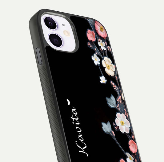 Black Elegance Floral Custom Name Glass Case for iPhone 11 close-up shot showing rose detailing and elegant reflection
