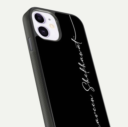 Black Tune Custom Name Glass Case for iPhone 11 close-up shot highlighting sleek monochrome design and reflection