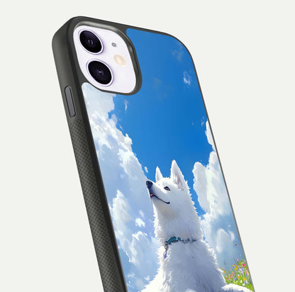 Blissful Cloud Pup Glass Case for iPhone 11 close-up image highlighting puppy details and glossy reflection