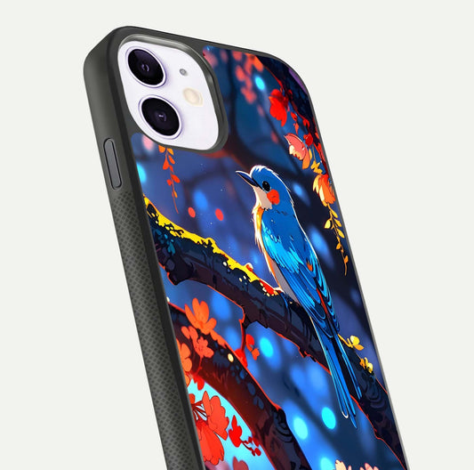Blooming Spendor Bird Glass Case for iPhone 11 close-up shot highlighting bird design details and glossy shine