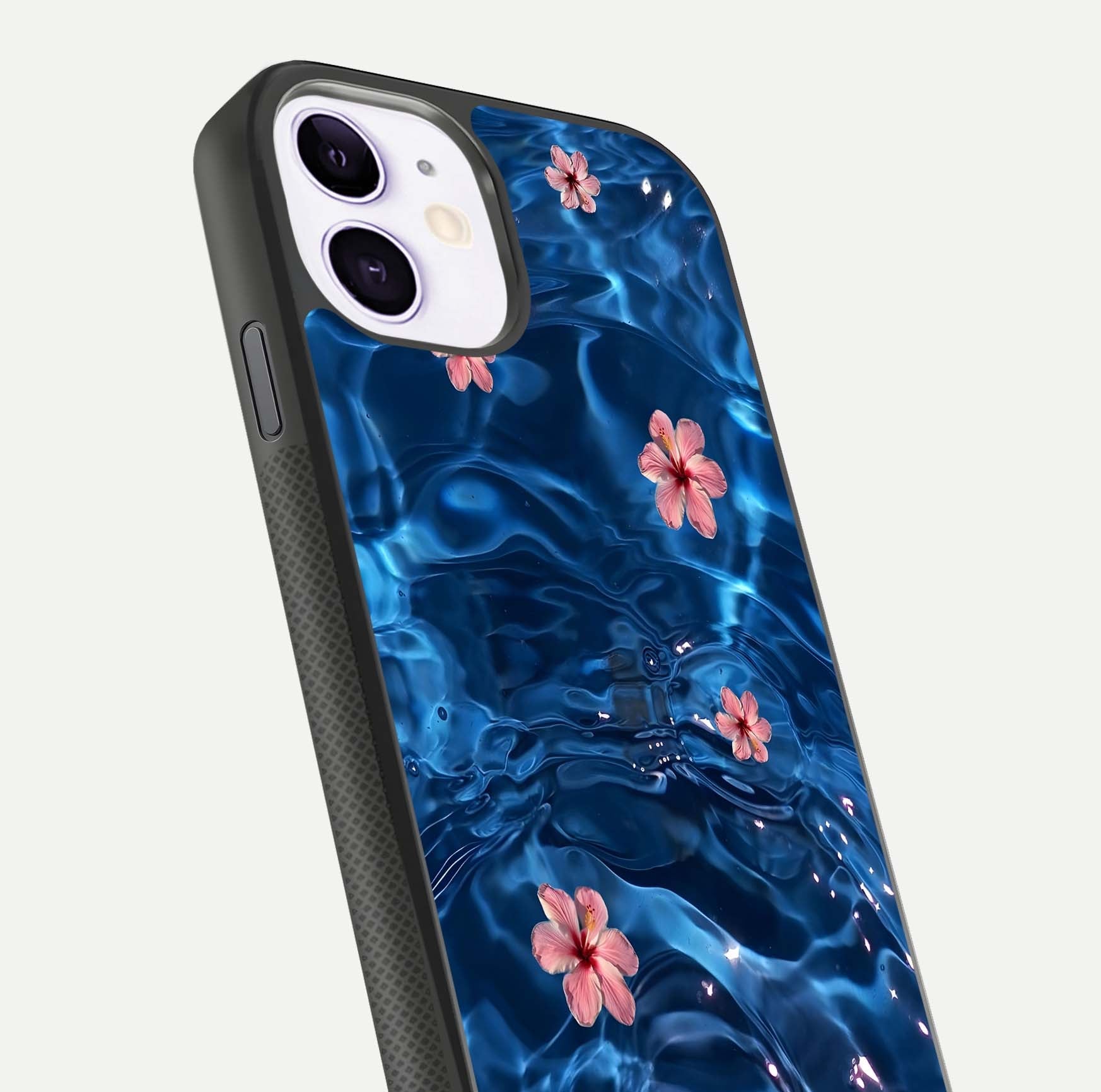 Blooming Water Drift Glass Case for iPhone 11 close-up angle showing petal details, soft aqua tones, and smooth gloss reflection
