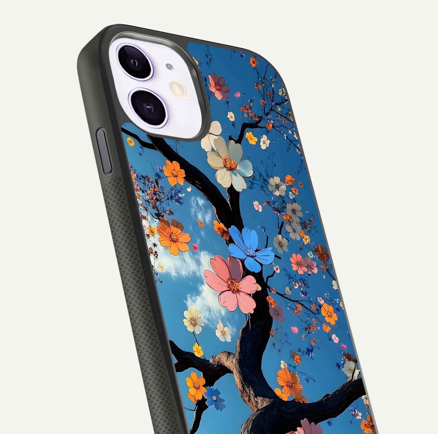 Blossom Dream Sky Glass Case for iPhone 11 close-up shot highlighting dreamlike clouds and pink blossoms