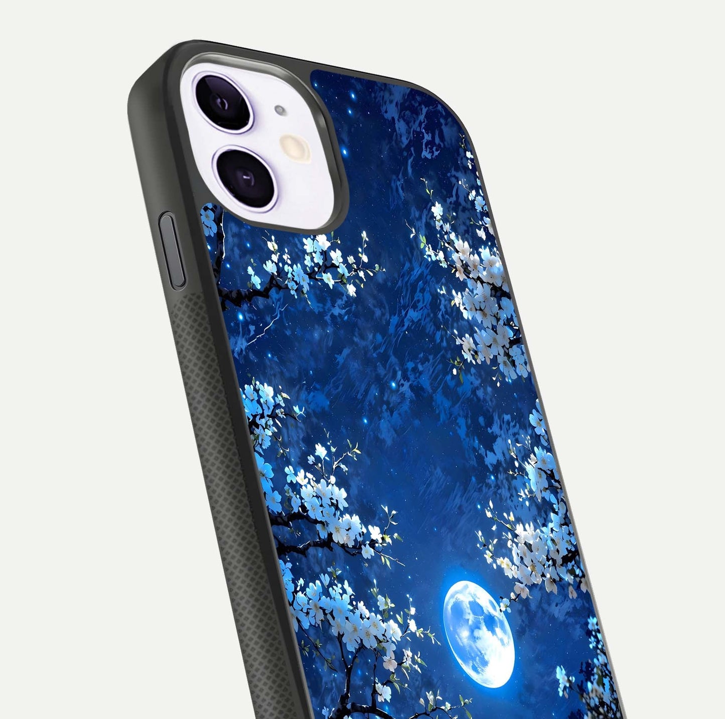 Blossom Moonlight Sky Glass Case for iPhone 11 close-up angle capturing moon glow and flower detail reflections