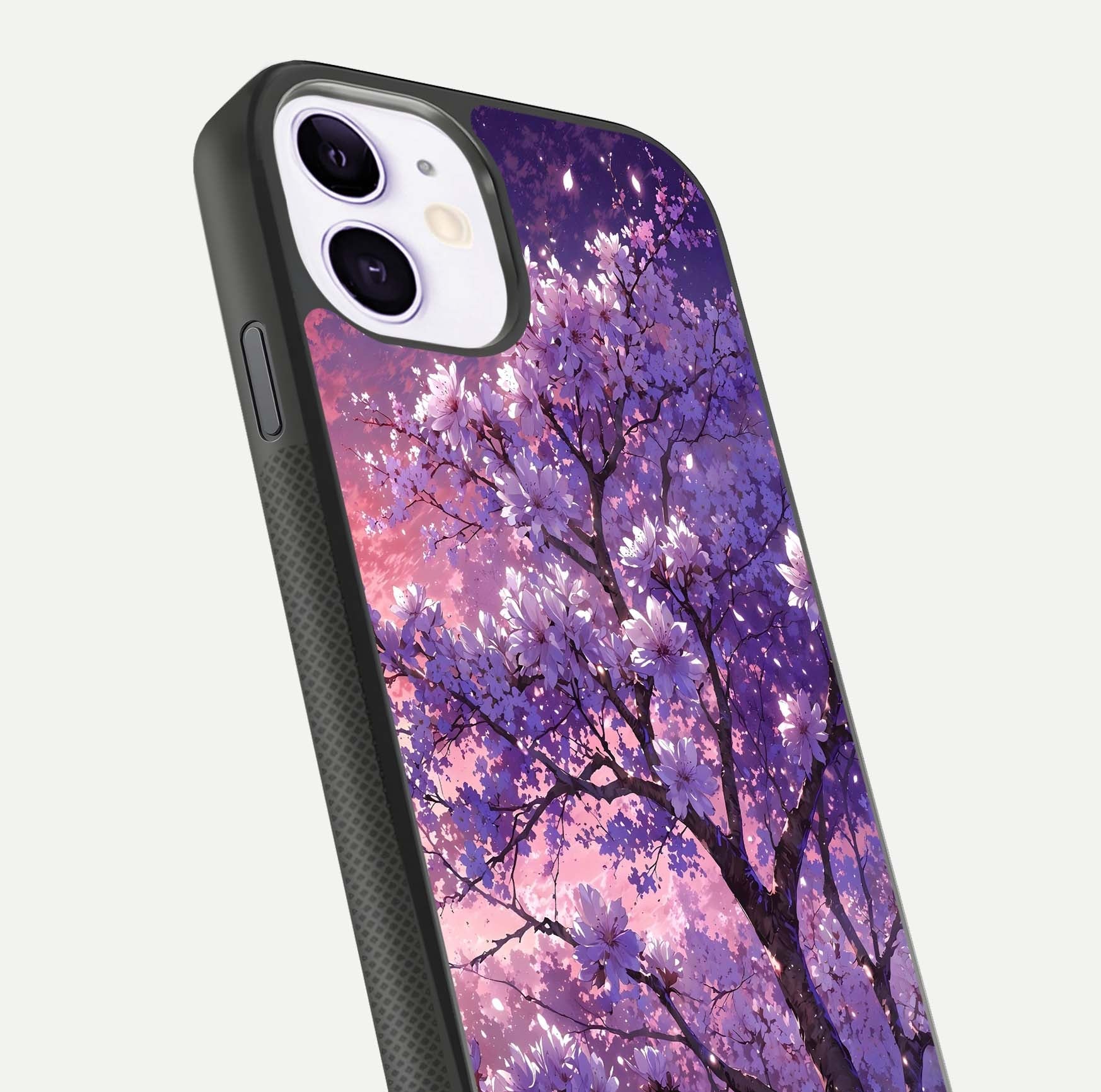 Blossom Tree Glass Case for iPhone 11 close-up image highlighting tree branches, blossoms, and shine