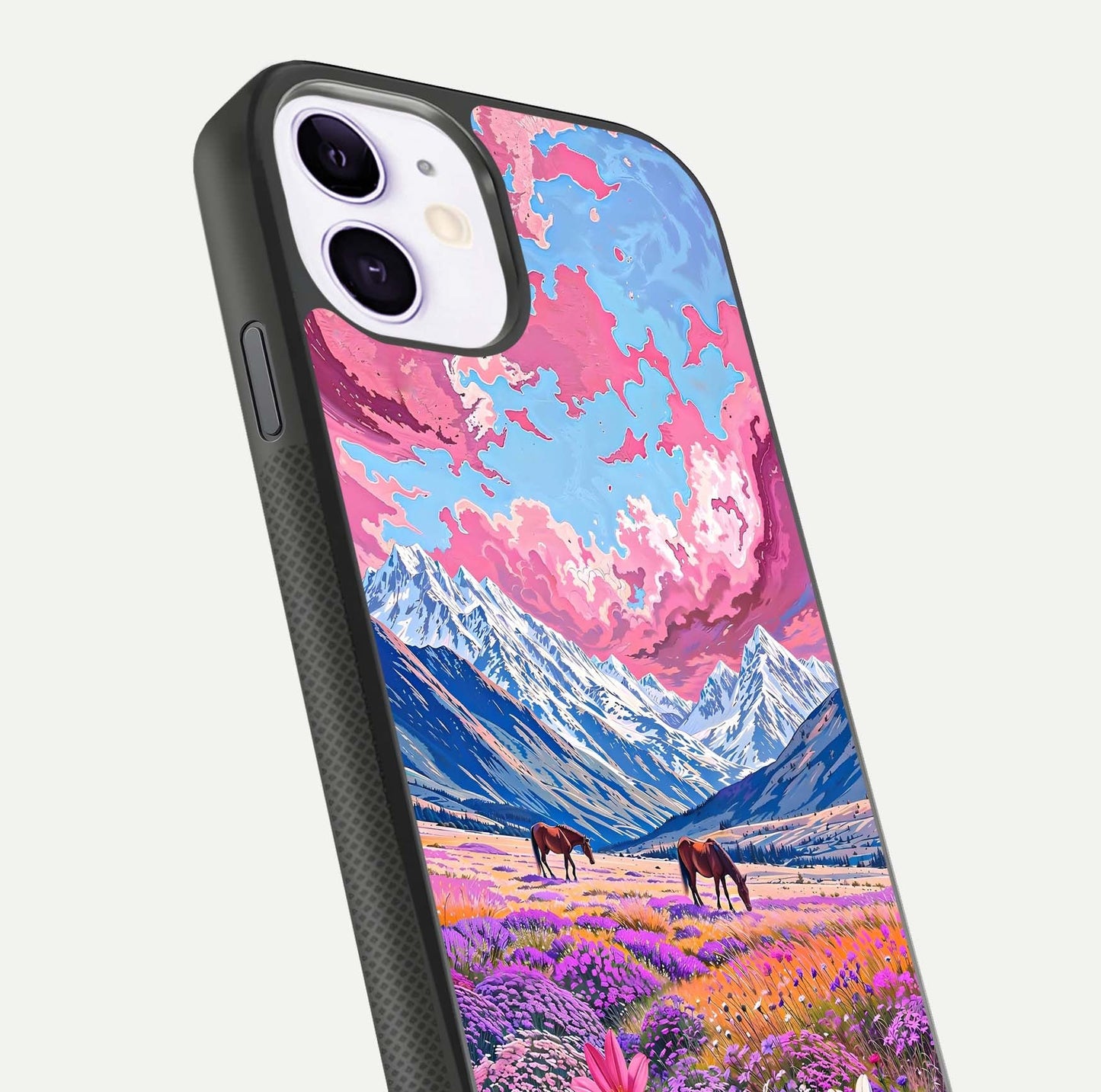 Blossom Valley Dream Glass Case for iPhone 11 close-up view showing detailed flower print and pastel hues