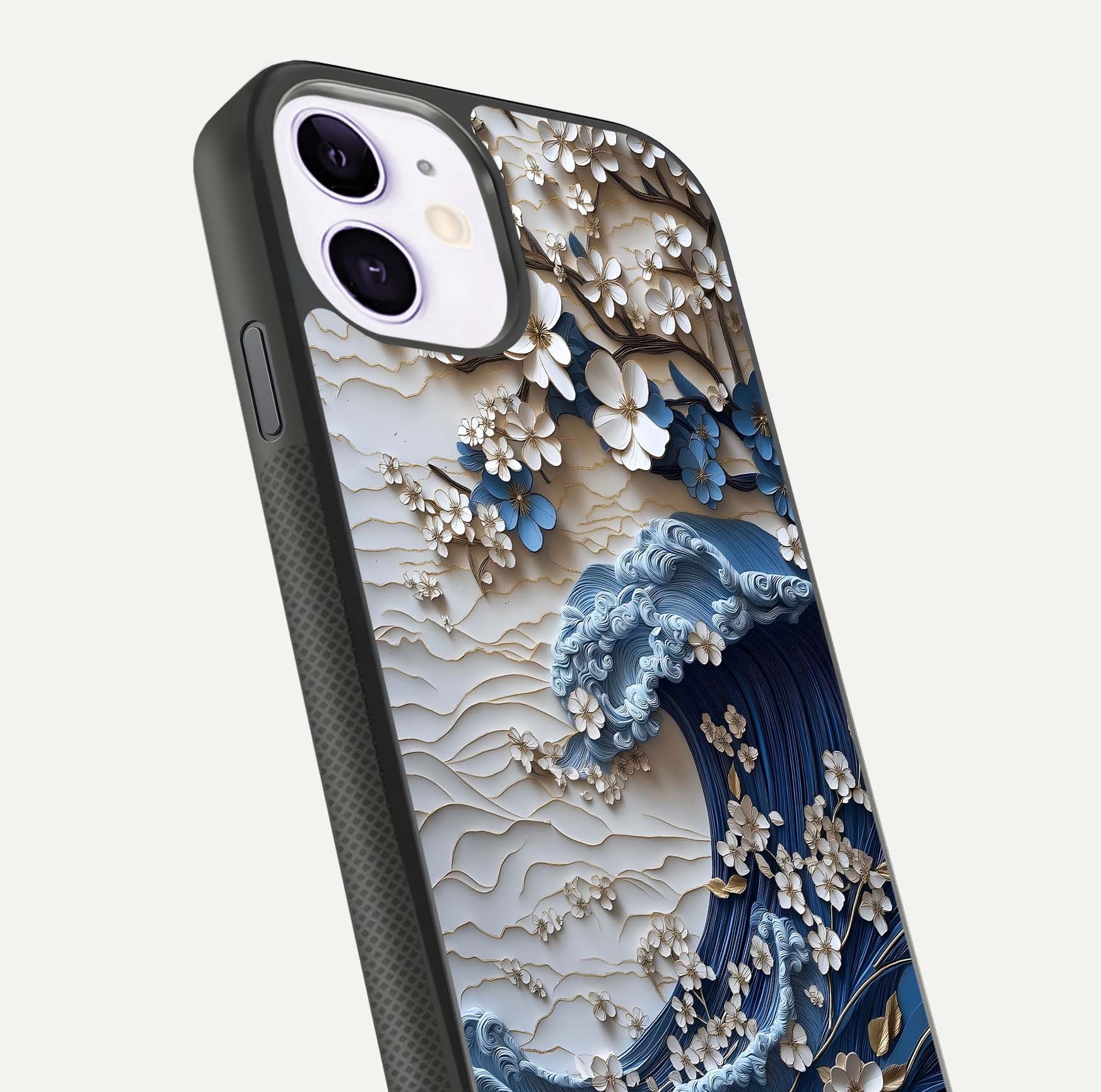 Blossom Wave Art Glass Case for iPhone 11 close-up shot highlighting wave motion in floral art and reflection