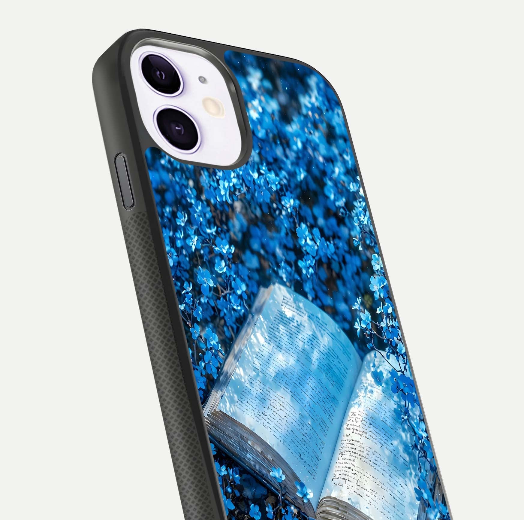 Blue Bloom Tales Glass Case for iPhone 11 close-up angle showing petal texture and blue tone reflection