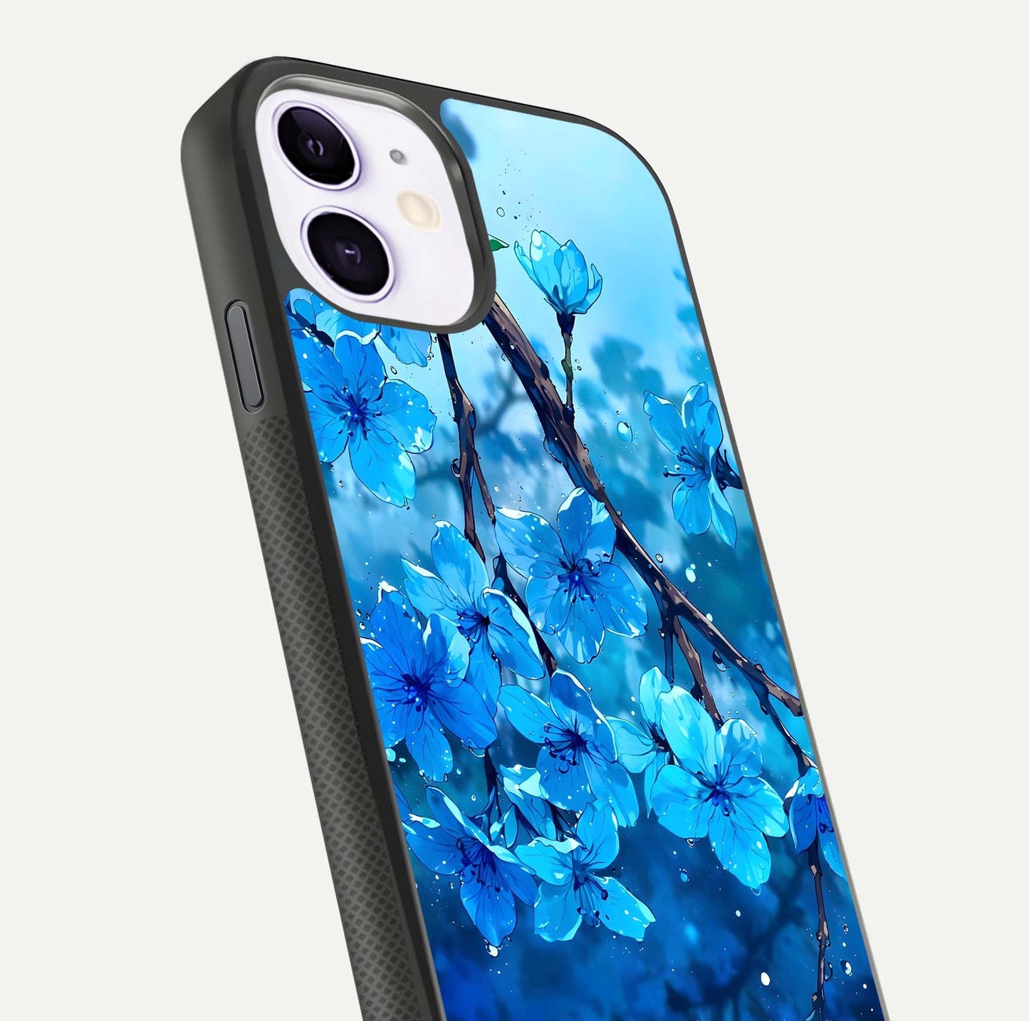 Blue Blossoms Branch Glass Case for iPhone 11 close-up angle highlighting petal details and reflection gloss