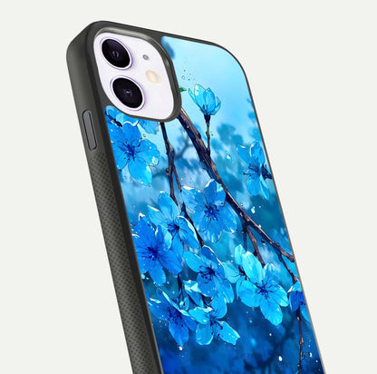 Blue Blossoms Branch Glass Case for iPhone 11 close-up angle highlighting petal details and reflection gloss