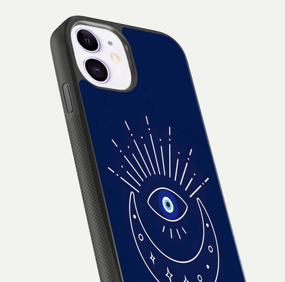 Blue Evil Eye Glass Case for iPhone 11 close-up shot highlighting eye motif, protection symbol, and glass shine