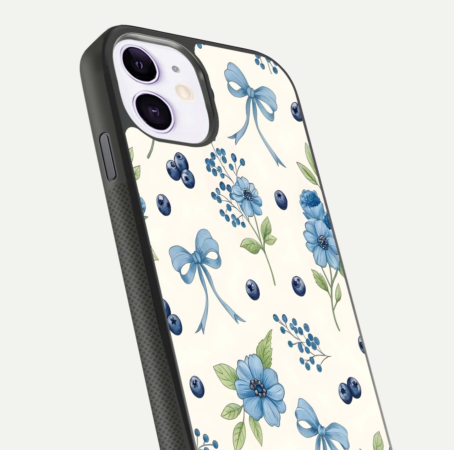 Blue Flower & Bow Glass Case for iPhone 11 close-up shot highlighting ribbon detail and flower gloss finish