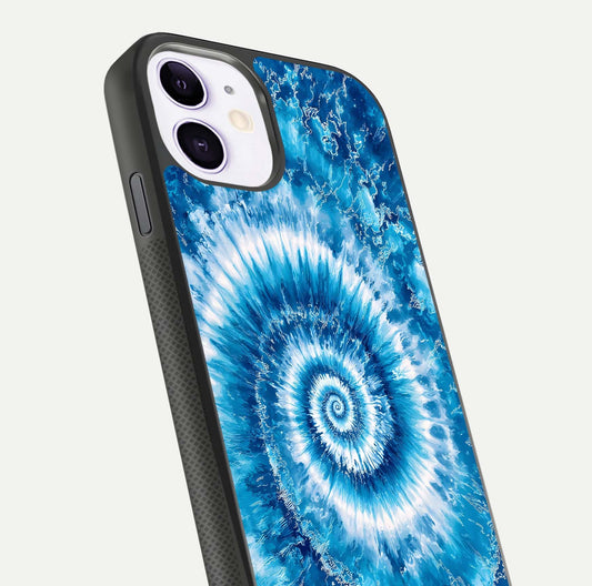Blue Galaxy Wave Glass Case for iPhone 11 close-up highlighting fluid wave motion and deep-blue reflection