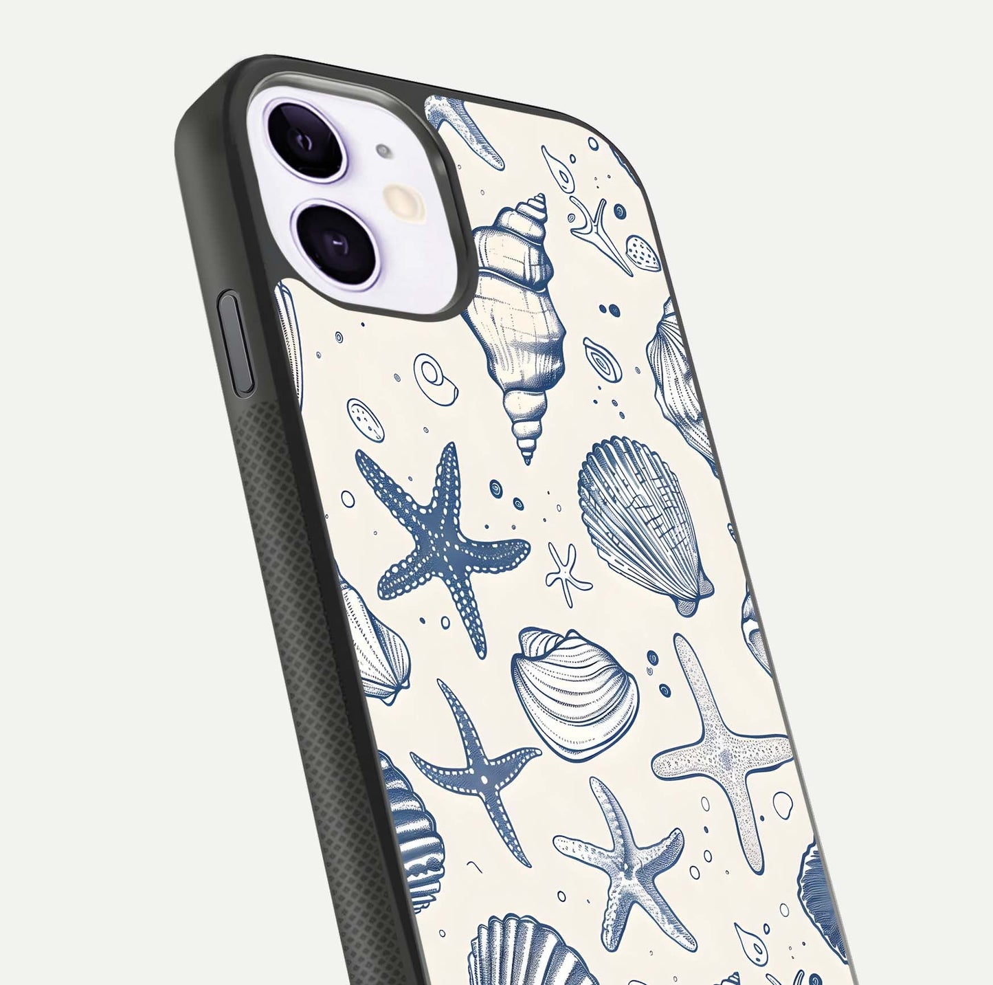 Blue Ocean Outline Glass Case for iPhone 11 close-up shot highlighting line art details and reflection texture